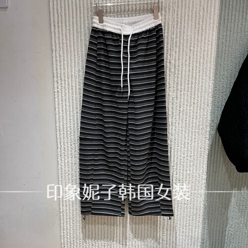 欧洲站秋条纹松紧腰直筒休闲裤女