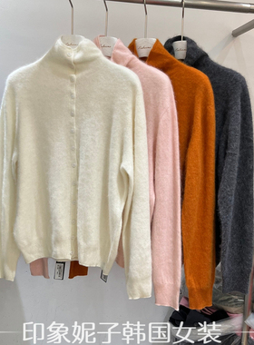 欧洲站2025冬季新款 时尚百搭纯色高领单排扣简约针织开衫女70044