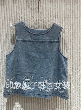 现货欧洲站2026夏季新款牛仔风女装时尚圆领刺绣背心马甲22170