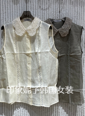 现货欧洲站2026夏新款韩版娃娃领无袖衬衫女显瘦花边上衣68901