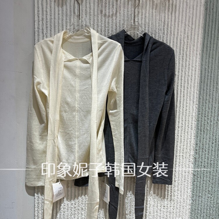 欧洲站 2026 秋冬飘带 V 领针织打底衫女温柔修身长袖上衣0188