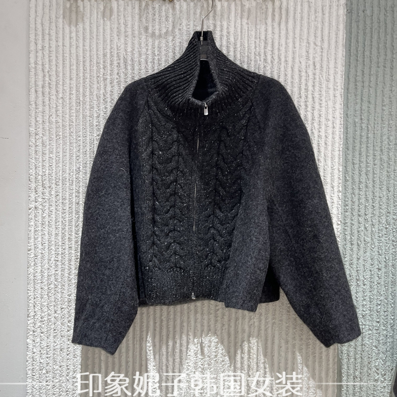 欧洲站2025冬季新款 百搭拼接针织麻花高领拉链短款毛呢外套363-5