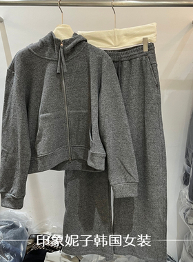 欧洲站现货2025通勤风连帽拉链卫衣套装女宽松灰色两件套70261