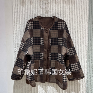 欧洲站2026秋季新款格子拼接短外套女圆领单排扣百搭外套6367