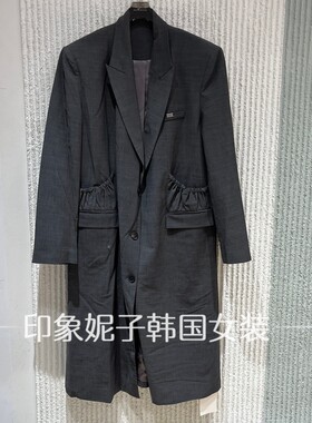 欧洲站秋新西装领超长双排扣大衣