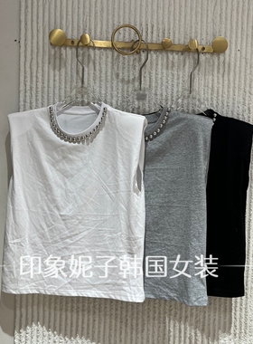欧洲站2026夏季新款圆领钉珠装饰无袖T恤背心宽松显瘦上衣女12113