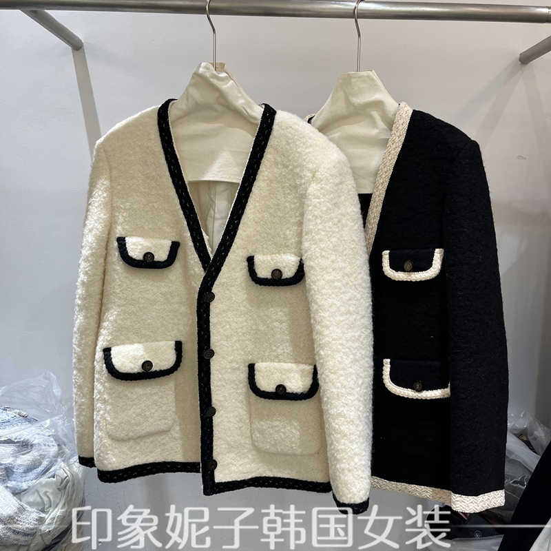韩国进口2025冬季新款时尚V领小香风拼色边口袋加厚毛呢外套34857