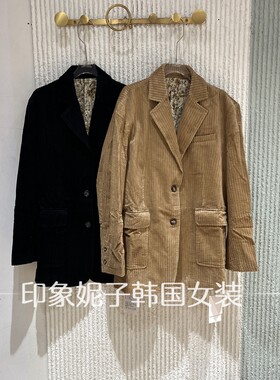 欧洲站灯芯绒翻领中长西装外套女