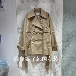 欧洲站 2026 秋季新款卡其色花边刺绣风衣双排扣外套053