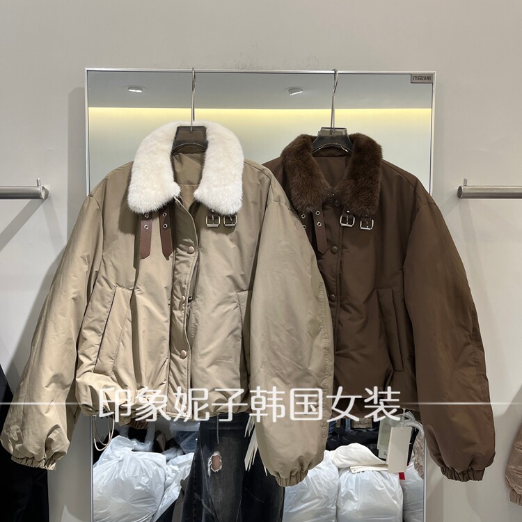 (现)欧洲站2026冬工装风毛领白鹅绒羽绒服女翻领短款外套休闲保暖