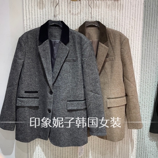 欧洲站 2026 秋季新款灰卡其撞色翻领中长毛呢西装外套女3295