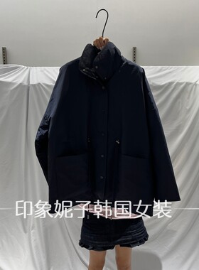 欧洲站秋新藏青立领中长款外套女