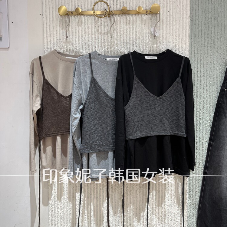 欧洲站2026秋季新款假两件长袖T恤女打底衫叠穿背心裙上衣71336