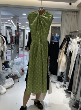 现货欧洲站度假风绿色碎花连衣裙女收腰显瘦气质长裙
