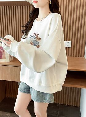 纯棉白色卫衣女2026新款春秋款宽松百搭长袖上衣短款小个子印花潮