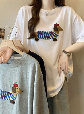 美式复古正肩刺绣短袖T恤女夏设计感小众宽松显瘦半袖体恤上衣服