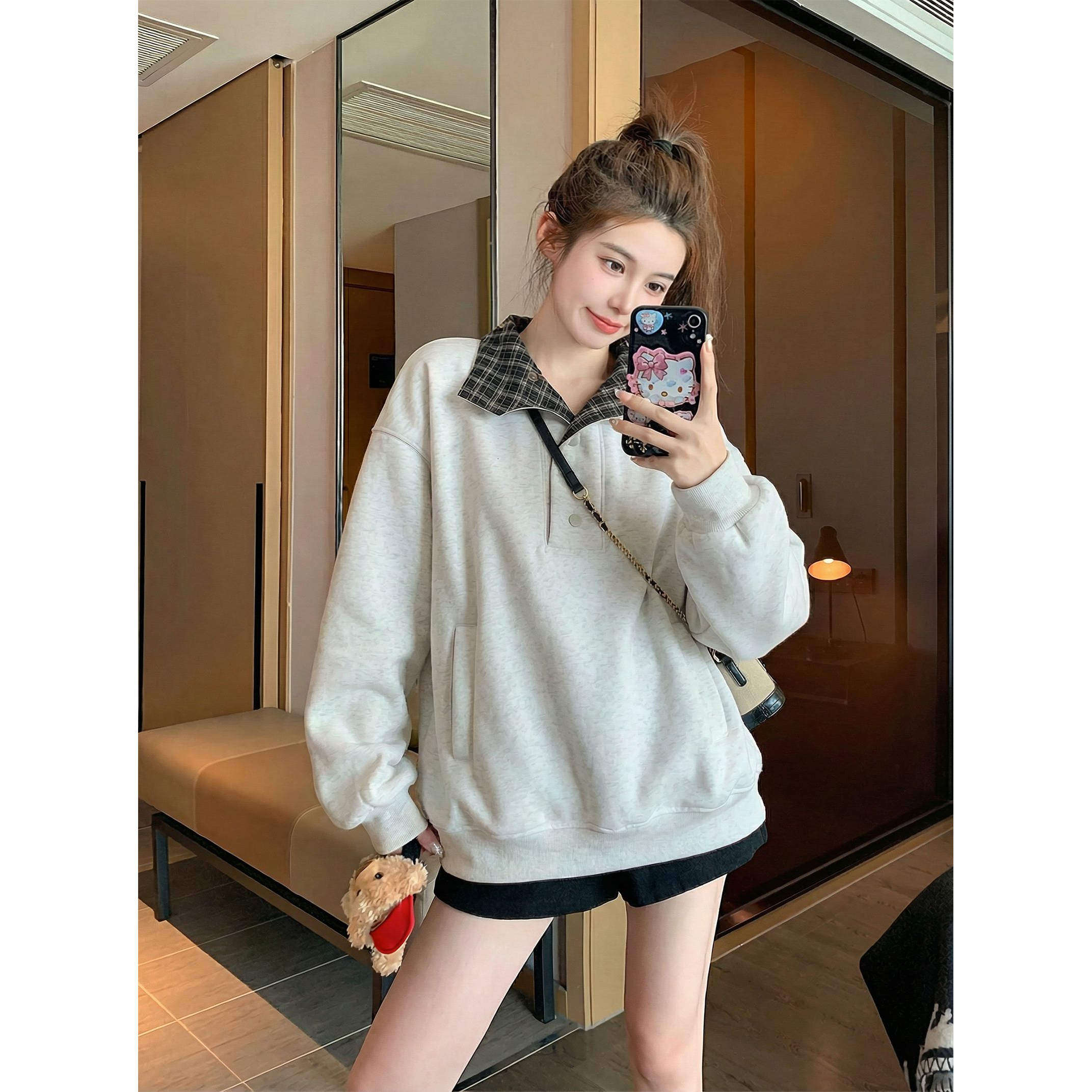 格纹拼接立领加绒卫衣女秋冬宽松休闲美式复古高级感长袖上衣学生