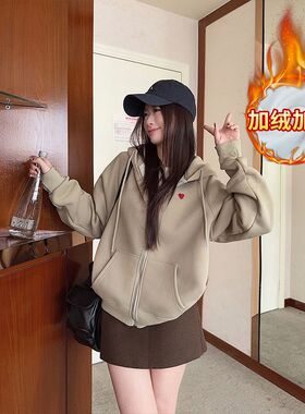 加绒加厚爱心刺绣连帽卫衣女秋冬宽松拉链开衫外套慵懒风保暖上衣