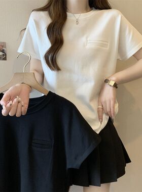 正肩短袖白色t恤女圆领夏季春秋内搭打底衫宽松大码体恤简约上衣