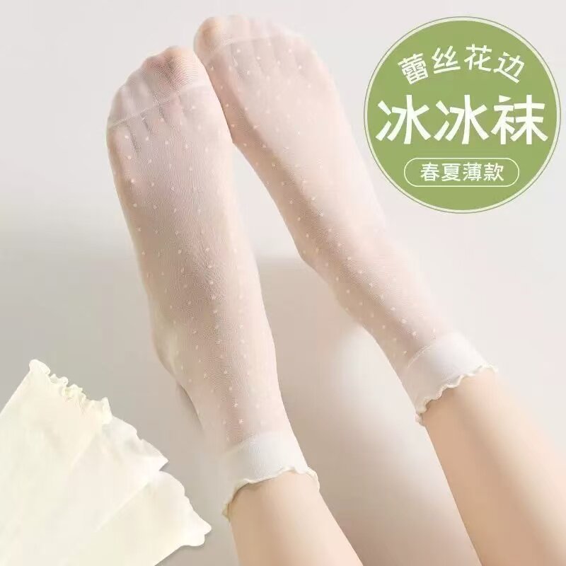 波点丝袜蕾丝花边夏季透气袜子夏中筒袜