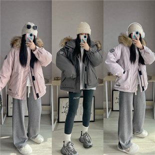 SA小树2025新国标90白鸭绒工装派克羽绒服女冬保暖真毛领连帽外套