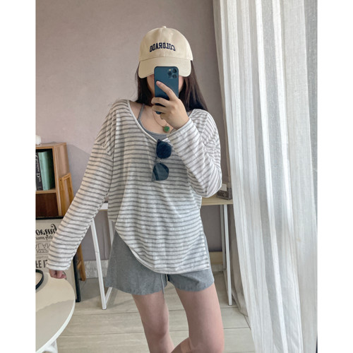 SA小树2026夏冰感针织棉条纹圆领防晒罩衫T恤女吊带短裤三件套潮