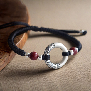 999足银乾坤圈平安扣手链男款黑绳红绳情侣手绳纯银扭转乾坤礼物