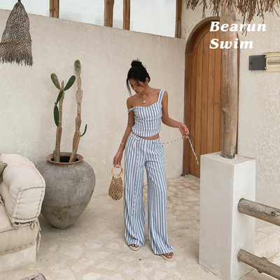 BEARUN SWIM 条纹套装女2025夏季新款吊带上衣休闲长裤子两件套