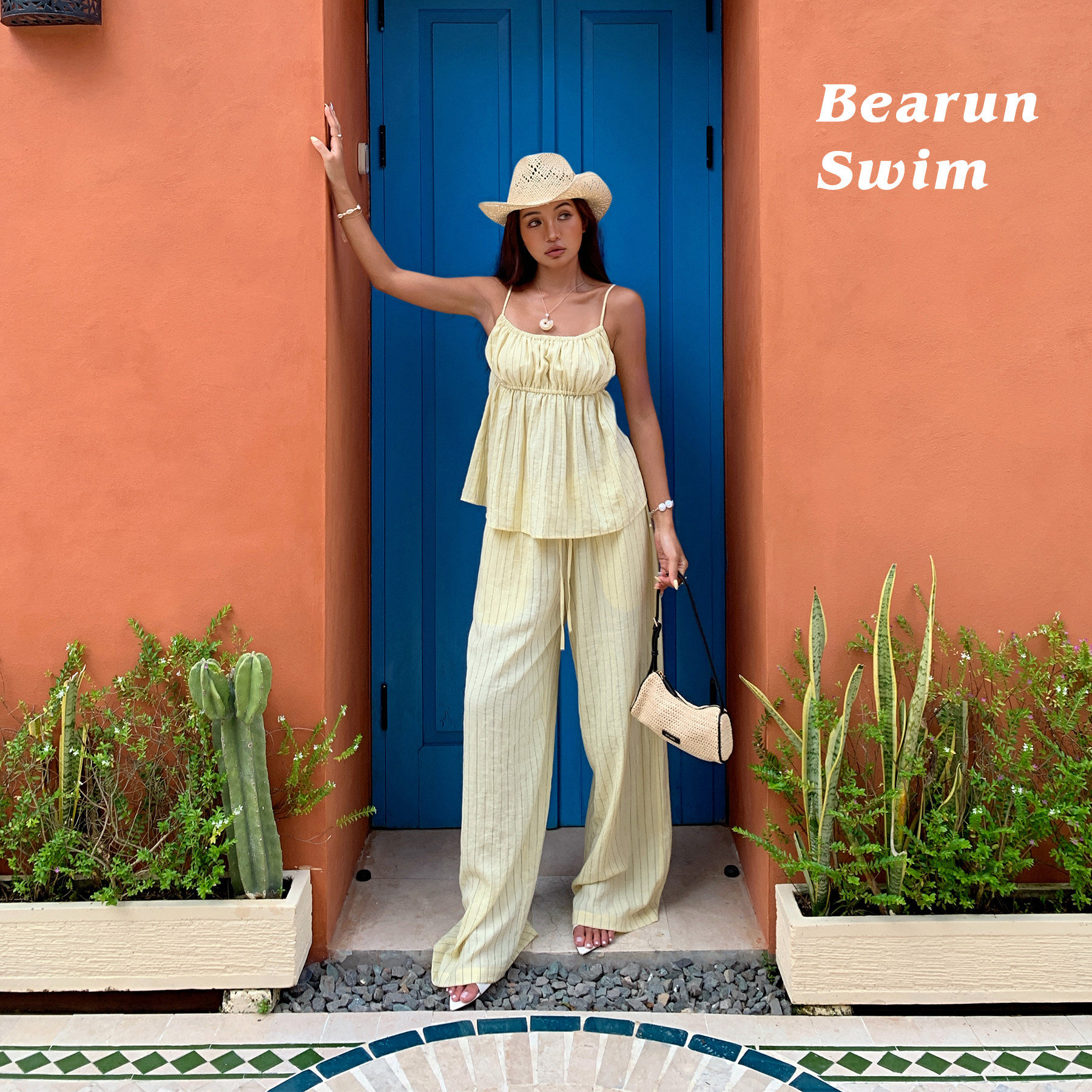 BEARUN SWIM 度假风条纹套装女2026新款吊带背心上衣裤子两件套图片