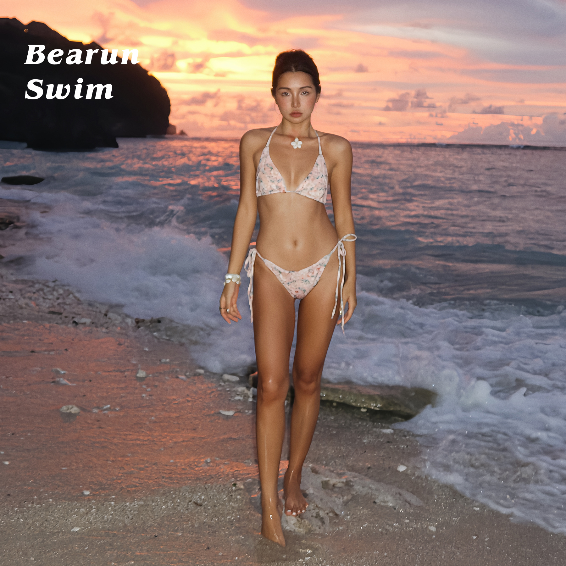 BEARUN SWIM 碎花比基尼小胸聚拢2025新款ins风挂脖泳装分体泳衣