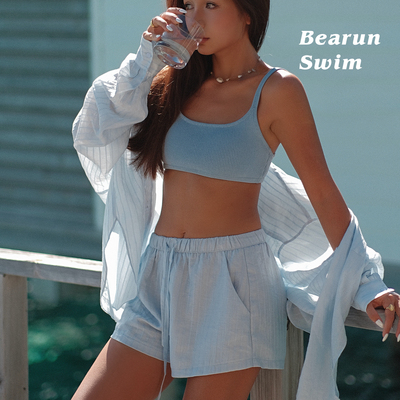 BEARUN SWIM 条纹长袖衬衫女2025夏季度假套装慵懒风上衣短裤