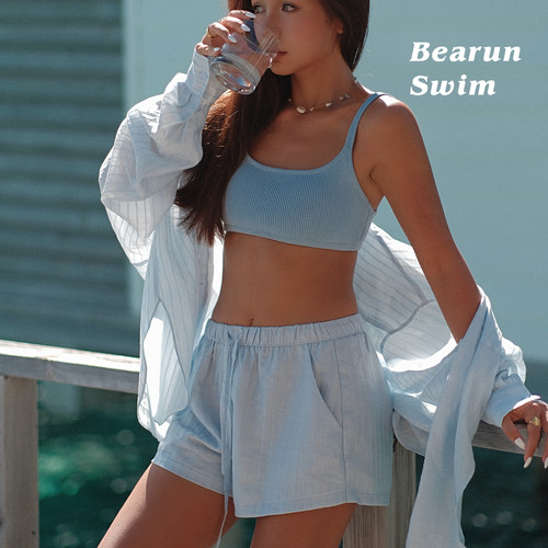 BEARUN SWIM 条纹长袖衬衫女2026夏季度假套装慵懒风上衣短裤