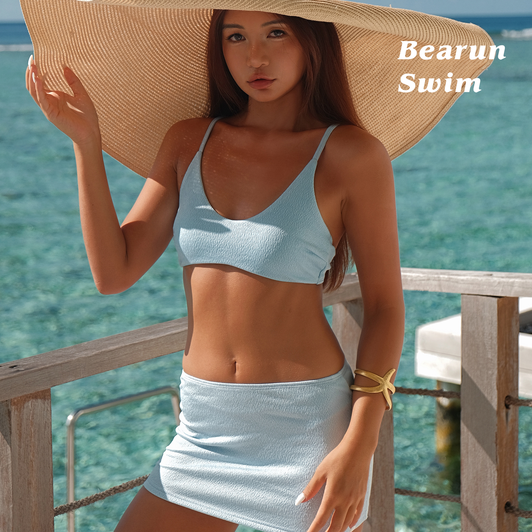 BEARUN SWIM 分体泳衣三件套海边度假小胸聚拢泳装比基尼裹裙套装