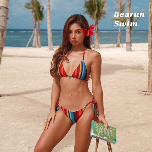BEARUN SWIM 彩色条纹挂脖比基尼套装2026新款度假泳装分体泳衣