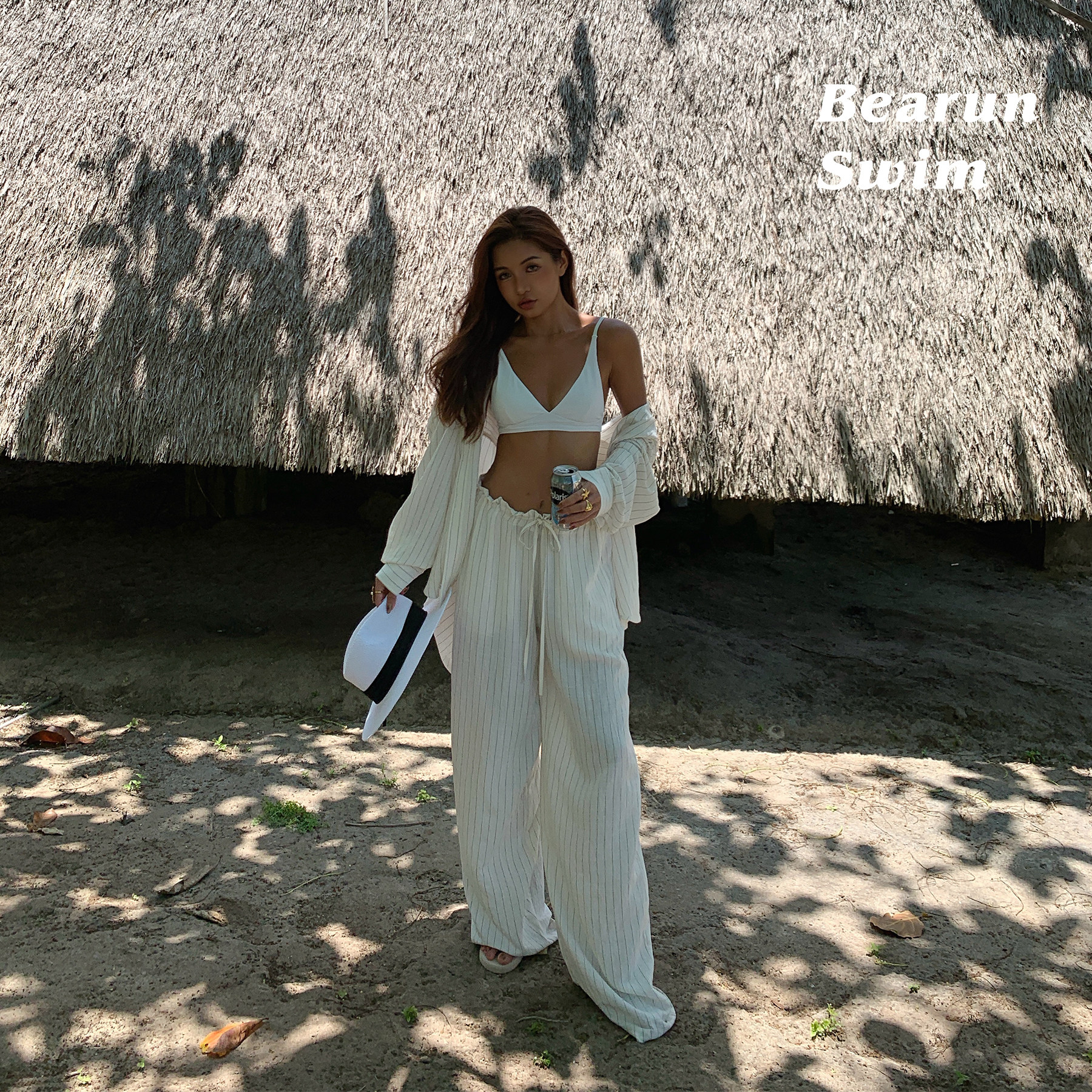 BEARUN SWIM 海边度假条纹套装女2025新款长袖衬衫上衣裤子两件套,女装/女士精品,衬衫,淘宝优惠券,粉丝福利购,淘宝优惠卷