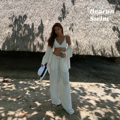 BEARUN SWIM 海边度假条纹套装女2025新款长袖衬衫上衣裤子两件套