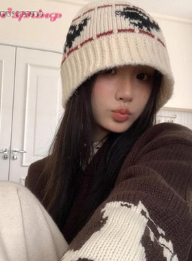 TURN2SPRING 小众设计感 韩版鸽子图案提花毛线帽 针织帽