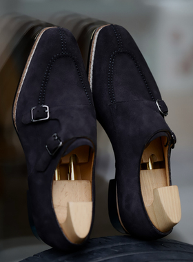 固伦休闲孟克手工男鞋固特异琴底半挪威缝真皮反绒皮鞋偏黑蓝色