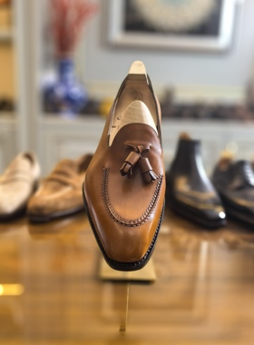 橙色法国小牛流苏乐福鞋一脚蹬香蕉楦固特异手工皮底无缝后跟方头