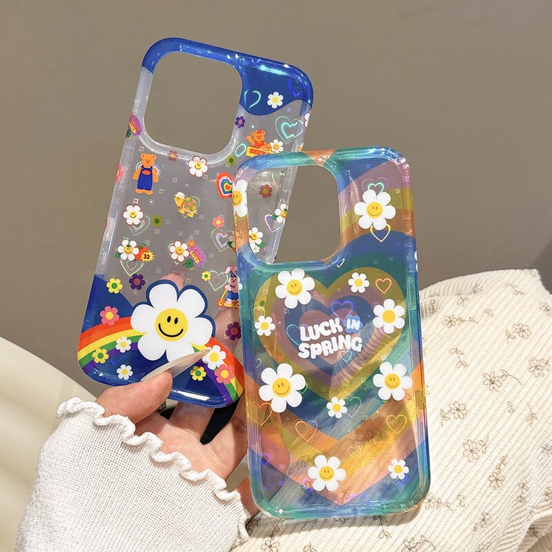 彩色爱心笑脸花朵熊兔适用iphone16pro手机壳苹果16新款15创意14pro女款13超火15promax双层镭射防摔保护套