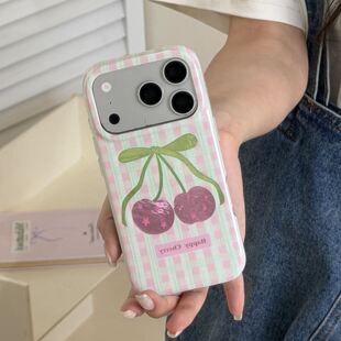 ins小清新格纹樱桃适用苹果17手机壳iphone17promax保护套16Pro硅胶15高级感好看新款硅胶防摔全包边外壳