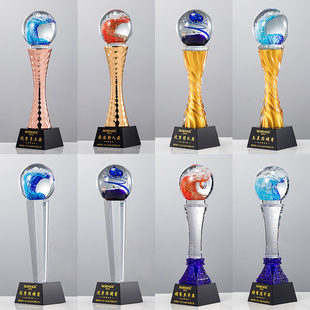 蓝色海浪琉璃气泡水晶奖杯创意圆形球企业优秀员工年会颁奖纪念品