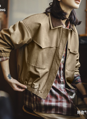 马登复古巴恩风谷仓灯芯绒撞色翻领短款收腰工装夹克琥珀外套女春