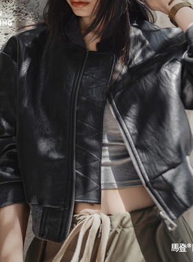 马登美式黑色飞行员棒球圆领短款版机车pu软小皮衣夹克外套女士春