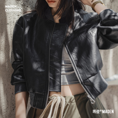 马登女装短款飞行员pu皮夹克外套