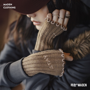 子女士秋冬季 套针织假袖 手臂袖 马登无指毛线手套加厚保暖露趾长款