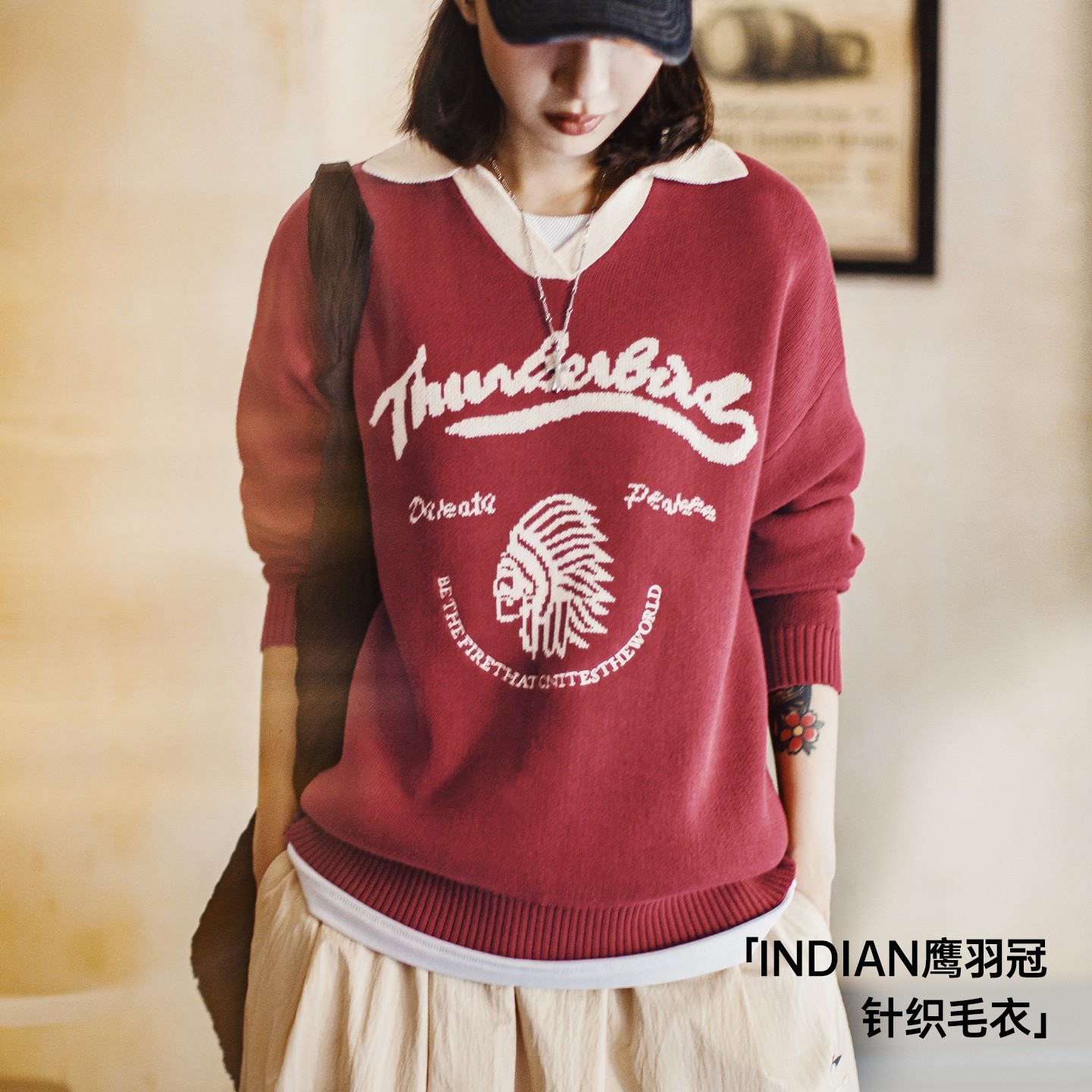 马登复古酒红撞色V翻领宽松套头提花保暖加厚毛衣针织衫上衣女冬,女装/女士精品,毛衣,淘宝优惠券,粉丝福利购,淘宝优惠卷