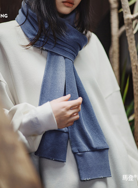 马登复古蓝色针织长款披肩围巾两用保暖护颈围脖外搭护肩女士秋冬