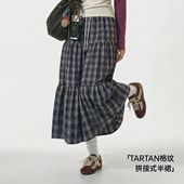 马登蓝绿色复古松紧a字蛋糕裙日系百褶拼接格子纹半身长裙女士春