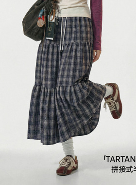 马登蓝绿色复古松紧a字蛋糕裙日系百褶拼接格子纹半身长裙女士春
